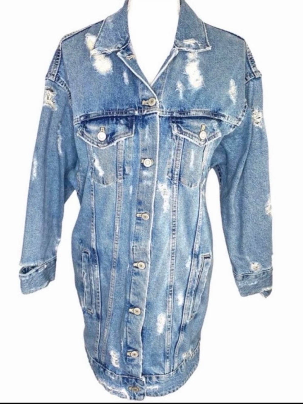 Zara Distressed Light Blue Long Denim Jacket